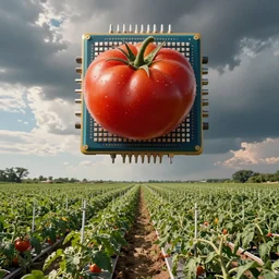 tomato farm with a gigantic cpu floating in the sky