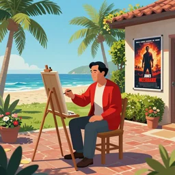 concept art of a middle aged man with black hair wearing a red cardigan sitting at a painting easel in his beachside back yard, palm trees and flowers everywhere, brick patio, overlooking the ocean, hedges, movie poster, digital painting, trending on artstation, illustration, cinematic lighting, vibrant colors
