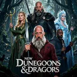 movie poster with vin diesel as gnome bard, steve buscemi as dark barbarian lord, margot robbie as forest druid, meryl streep as ice queen of the north and samuel l. jackson as cleric in the new dunegons & dragons style movie, cinematic, epic