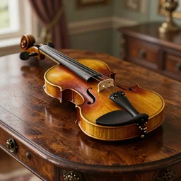 a violin on an ancient wood table in victorian house, close up, 3/4 view, beautifull reflexions, detailed, photorealistic, octane render