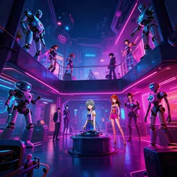 interior shot, ready player one, apartment , nightime , scifi futuristic  neon , robots  , ladies of the night  , neon lights, james gurney, katsuhiro otomo, james paick, cinematic lighting, artstation, vibrant nature, anime style, Craig Mullins, Greg Rutkowski, Pete Morbacher, Tuomas Korpi, tekkon kinreet, volumetric light, artstation, , octane render, redshift render, low  angle camera, HDRI