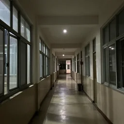 a photograph of a school corridor at night, lights off, moonlight coming through the window