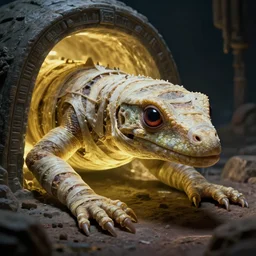 close - up view of a reptile mummy emerging from a glowing ancient tomb. pulp sci - fi horror by basil gogos, vincent difate, sanjulian, and emsh. sharp focus. highly detailed illustration. dark background