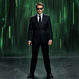 emmanuel macron with a gun and shades in the matrix movie, full body shot, highly - detailed, sharp focus, award - winning
