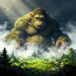 a beautiful artwork illustration, a giant troll laying defeated in the distance engulfed in nature, volumetric fog, godrays, high contrast, high contrast, high contrast, vibrant colors, vivid colors, high saturation, by Greg Rutkowski and Jesper Ejsing and Raymond Swanland, featured on artstation, wide angle, vertical orientation