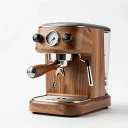 carved wooden espresso machine, professional product shot, isolated on a pure white background, centered, entire object in frame, sharp focus, soft studio lighting