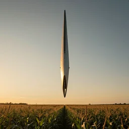 wide shot of a tall and thin sharp angled spaceship hovering vertically in the air 1 0 feet above a cornfield, late afternoon, golden hour, dramatic lighting, cinematic, highly detailed, smooth, sharp focus, concept art by greg rutkowski and john berkey and syd mead