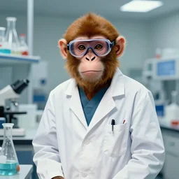 portrait of a monkey doctor at a chemical lab, artwork by gaston bussiere, craig mullins, trending on artstation, monkey dressed as a scientist, using googles and wearing a doctor coat
