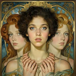 an art nouveau, ( streamline moderne ), multi - racial portrait with necklaces made from human thumbs, in the style of anna dittmann and charlie bowater and loish. very large, clear, expressive, and intelligent eyes. centered, ultrasharp focus, dramatic lighting, photorealistic digital matte painting, intricate ultra detailed symmetrical background.