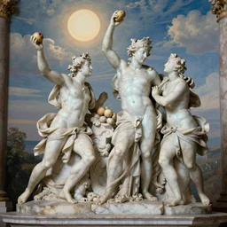END OF ALL,  tilt shift, prismatic, italian masterpieces, painted marble sculptures, baroque, beautiful, gracious, pagans, marble, clouds, sun, fruits, bioluminescent skin, ultra detailed
