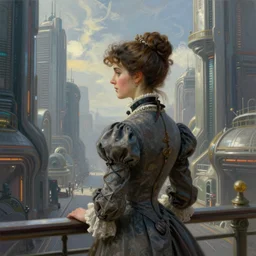 portrait of a victorian lady in a futuristic city, from behind, streets, beautiful, sci-fi, open sky, tall buildings, highly detailed, digital painting by Cezanne