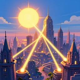 obsidian city, sun, lasers, glowing lights, epic fantasy, colorfully, digital art, highly saturated colors, concept art, detailed illustration, hd, 4 k, digital art, greg rutkowski, dan mumford, studio ghibli trending on artstation