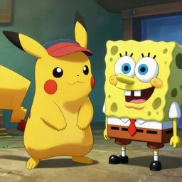 Detective Pikachu interrogating Spongebob, hyperrealistic, highly detailed, anime art style