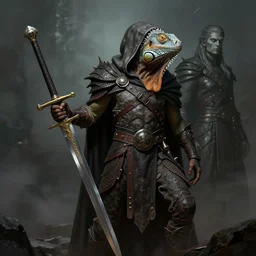 Anthropomorphic iguana hooded warrior, evil sword. Matte painting by craig mullins and Anato Finnstark style of magic the gathering, dark fantasy, style of game of thrones, concept art trending on artstation, 4k, insane details