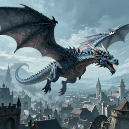 single large dragon flying over medieval city, in style of artgerm and charlie bowater, 8k, hyper detailed, cold blue tones