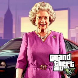 Queen Elizabeth in Grand Theft Auto 5 cover art, epic, 4k resolution, extremely detailed, very sharp, artstation, digital art, vibrant,