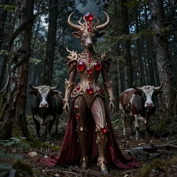a creature of the night standing in an abandon forrest, chernobyl, ruby, flubber, wagyu, insanely detailed and intricate, elegant, ornate, hyper realistic, by mark brooks