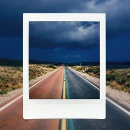 analog polaroid of rainbow road in a dark blue sky
