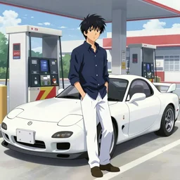 very serious ryosuke takahashi with black hair wearing a dark blue shirt and white pants stands alone leaning on his white mazda rx 7 on an empty gas station, initial d anime screenshot, initial d anime 1 0 8 0 p, detailed anime face, high detail, 9 0 s anime aesthetic, volumetric lights, art by studio comet, pinterest wallpaper,