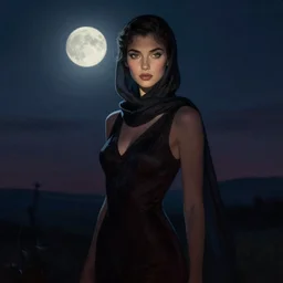 lush celestial twilight portrait in mysterious femininity, ethnic, clear eyes, statuesque, gazelle - like, confident realistic face, radiant skin, dark gown and scarf, svelte 1 9 5 0 s fashion design, bathed in moonlight, chiaroscuro, impressionism, silhouette, subtle highlights, deep rich hues, illustration