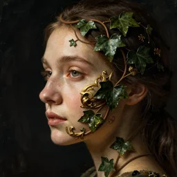 a woman's face in profile, entwined with intricate decorative ivy, in the style of the dutch masters and gregory crewdson, dark and moody