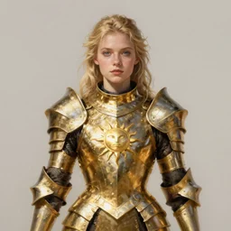 Portrait of a young lady knight with blond hair wearing a golden armor with a sun symbol, fantasy, highly detailed, digital painting, artstation, concept art, illustration, art by Bayard Wu and Marc Simonetti