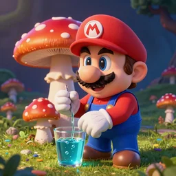 drunk mario eats big fly agaric mushroom and drinks aluogol and sees psychedelic hallucinations in his head, cartoon