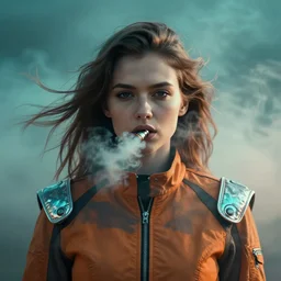 symmetry!!! closeup portrait of a cyborg vape girl, fashion racing jumpsuit with shiny shoulder pads, cinematic light, windy, teal orange, volumetric smoke, mist, by gerald brom, by mikhail vrubel, by peter elson, muted colors, extreme detail, trending on artstation, 8 k