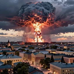 renaissance concept art of Helsinki city skyline at dusk with a nuclear explosion in the horizon