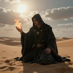 a powerful magic necromancer kneeling on the sand of a mercyless desert, flickering air, hot sun from above, clouds in the sky, the feeling of dread and existential terror, style of peter mohrbacher, octane render, unreal engine, 8k high definition