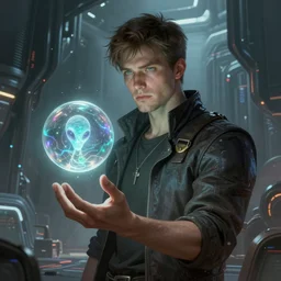 portrait sci-fi art by Greg Rutkowski and Ruan Jia, a man holding out his hand above which floats a glowing alien bubble, futuristic environment, detailed and intricate environment, high technology, highly detailed portrait, digital painting, artstation, concept art, smooth, sharp foccus, ilustration, Artstation HQ