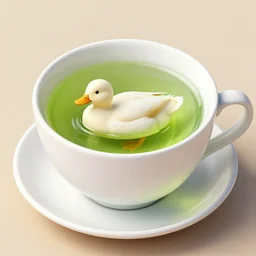 a cup of green tea with a duck bathing inside it