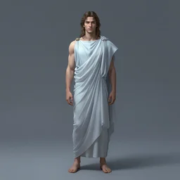 distant full body view, aaron taylor johnson in a toga, long hair, digital painting, concept art, smooth, sharp focus, gray and blue light, illustration by artgerm, yoshitaka amano, krenz cushart, shinji aramaki