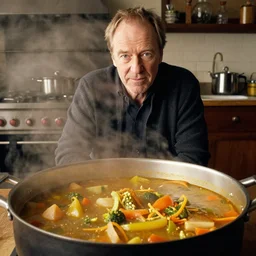 patrick stewart sitting in a big pot of vegetable stew
