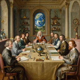a psychedelic conference of scientists / professors / researchers in a renaissance painting