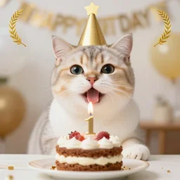 photo of a cute happy cat celebrating his birthday. highly - detailed, sharp focus, award - winning