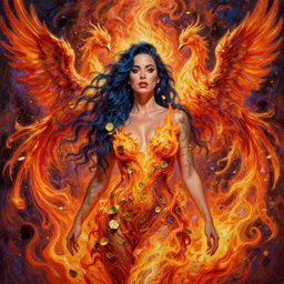 katy perry as a portrait of godess of fire surounded by flaming phoenix in intricate detailed color smashing fluid oilpaint, 3 d render, hyper realistic detailed portrait, color leaves, ruan jia, wlop. scifi, fantasy, hyper detailed, octane render, concept art, intense colors by peter mohrbacher, by wlop, by ruan jia, by alphonse mucha