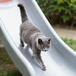 A gray cat going down a water slide