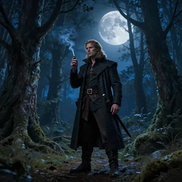 Captain Sam Vimes mistrustfully smokes in the Forbidden Forrest at midnight, full moon, blue tones, detailed, hyperrealistic, colorful, cinematic lighting,  digital illustration by Paul Kidby
