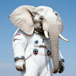 shot on kodachrome, single subject, giant elephant wearing white custom made american spacesuit with oversized giant helmet as astronaut animal, in legnica, sunrise, by vhs camcoder