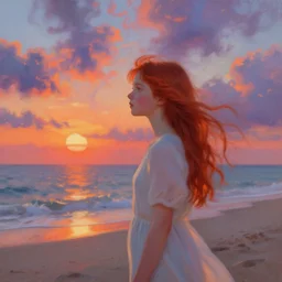 a red haired young girl beach surreal, sunrise, dramatic light, impressionist painting, colorful clouds, digital painting, artstation, simon stalenhag