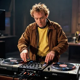 doc brown from back to the future DJing with DJ turntables, photoreal
