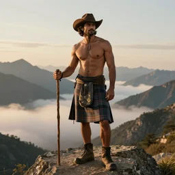 a full - body portrait of a handsome desi hiker by greg rutkowski and albert bierstadt | he is shirtless and wearing a cowboy hat and plaid kilt. he is holding a walking stick | background is mountain peaks and clouds | golden hour, homoerotic, highly detailed | trending on artstation