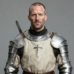 jason statham cast as dijkstra in the witcher netflix series, wearing a beige cloth gambeson, dressed like nobility