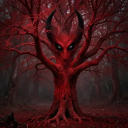 a demon inside a red tree, black eyes, creepy