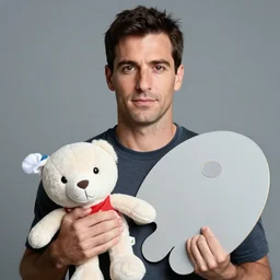 francesco baracca holding a plushie, grey palette, perfect face