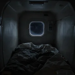 interior view of a space pod bed in wall, single small window to see space, tight space, claustrophobic, messy blankets, dark colors, minimal light, tight angle, dim lighting, muted colors, unreal engine render, by makoto shinkai takashi takeuchi studio trigger
