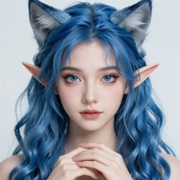 centered detailed portrait of a extremely beautiful aesthetic young cat girl and elves hybrid, symmetrical, long blue wavy hair, sharp focus on the eyes, final fantasy, details, intricate, octane render, smooth face, illustration, fairy lighting, hyperrealistic, by wlop and dmitry prozorov, artgerm, artstation, award winning, - hands