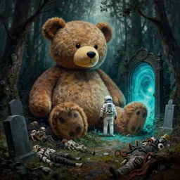 giant oversized teddy bear and human astronaut in a dark moody scary forest , ful of dead corpses, cyan portal gate next to big graveyard,  extremely textured frazetta oil painting panorama 8k intricate dramatic cinematic mood backlight