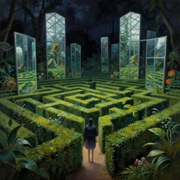 hedge maze greenhouse garden with mystical mirrors. highly detailed science fiction painting by norman rockwell, frank frazetta, and syd mead. rich colors, high contrast, gloomy atmosphere, dark background. trending on artstation